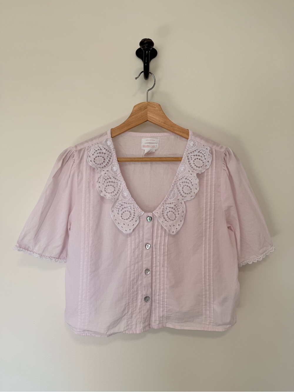 Shabby Chic Light Pink Cotton Blouse | Size Small | Heart Buttons